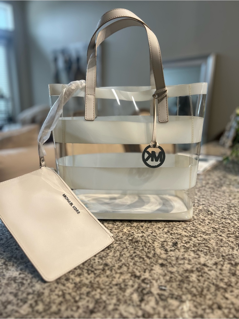MICHAEL Michael Kors Clear White Striped Eliza Tote NEW - Picture 2 of 5